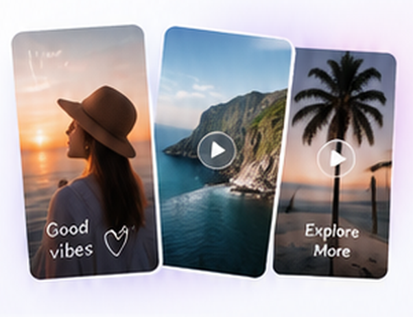 Illustrative travel Story cards showing a sunset, a coastline and palm trees
