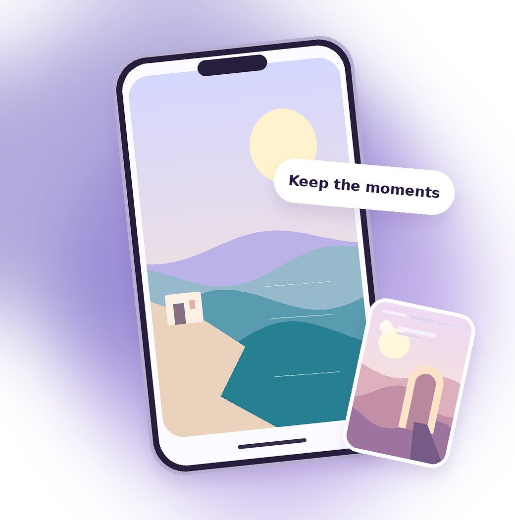 Original illustration of a phone displaying a coastal Story beside a saved media card